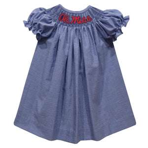 Ole Miss Rebels Smocked Gingham Embroidered Bishop Dress (preorder)