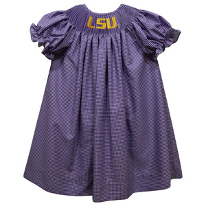 LSU Tigers Smocked Gingham Embroidered Bishop Dress (preorder)