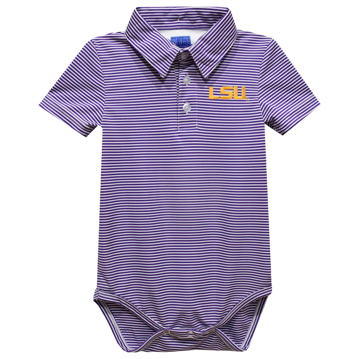 LSU Tigers Embroidered Striped Polo Onesie (preorder)