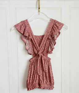 Mauve Vine Ruffle Back Romper